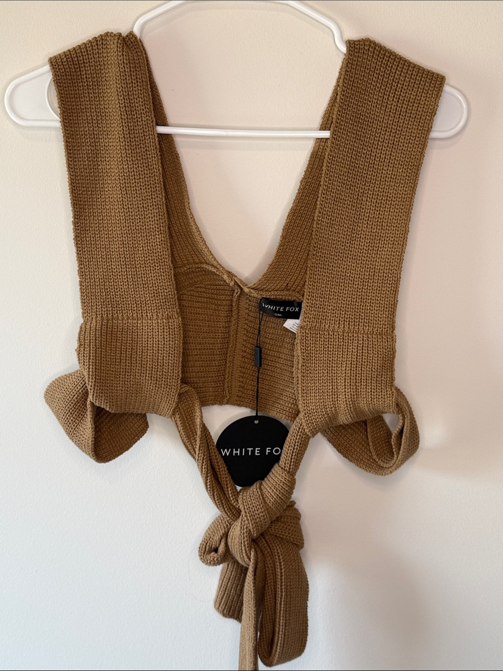 White Fox Boutique Tan Knit Tie-Front Crop Top